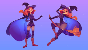 Witch flying on broom, beautiful redhead woman in spooky hat in different poses cartoon set. Sexy girl in magician costume, Halloween character smile vector illustration