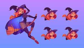 Witch flying on broom, beautiful redhead woman in spooky hat with different face expression cartoon set. Sexy girl in magician costume, Halloween character smile, surprised emoji, vector illustration