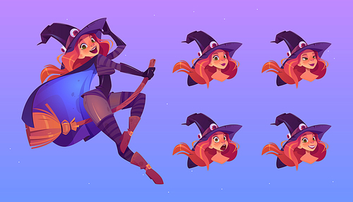 witch flying on broom, beautiful redhead woman in spooky hat with different face expression cartoon set.  girl in magician costume, halloween character smile, surprised emoji, vector illustration