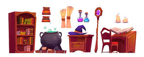 Magic school interior with open book of spell, paper scroll, staff and cauldron with potion. Vector cartoon set of furniture in wizard or witch room, hat, candles, flasks and bookcase