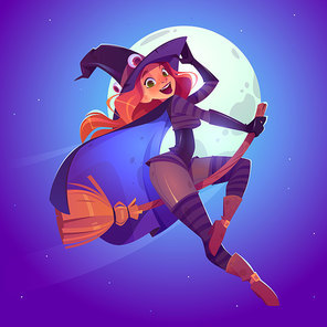 Beautiful witch, redhead woman in spooky hat flying on broom in night sky. Vector cartoon illustration for Halloween with sexy female character in magician costume, pretty girl on moon background
