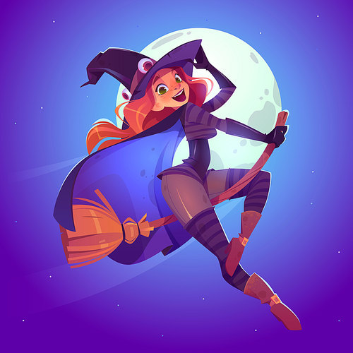 beautiful witch, redhead woman in spooky hat flying on broom in night sky. vector cartoon illustration for halloween with  female character in magician costume, pretty girl on moon background