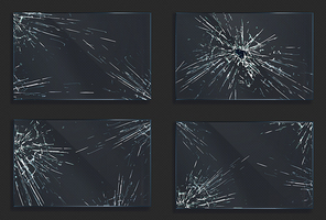 broken glass with cracks and hole from impact or bullet shot. rectangular shape clear acrylic or plexiglass s with crashed texture, scratches and breaks realistic 3d vector illustration, set