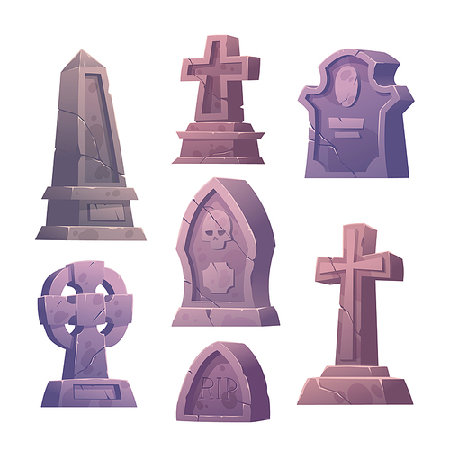 Cemetery tombstones, graveyard buildings, cracked stone cross, pillar and mausoleum tomb with rip signature and ancient memorials isolated on white , Cartoon vector illustration, icons set