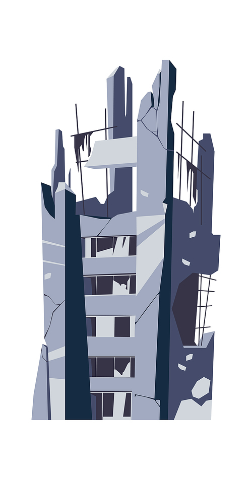 Destroyed building, damaged structure, consequences of a disaster, cataclysm or war, cartoon vector isolated illustration