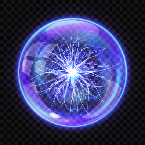 Magic ball with electric lightning inside, realistic vector illustration. Transparent glass or crystal sphere for spiritualistic sessions with energetic flash isolated on dark transparent background