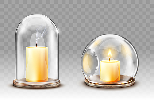 Glass domes with hole, candle holder realistic vector. Glass clear figures with burning and extinguished candle for decoration, isolated object for festive home decor