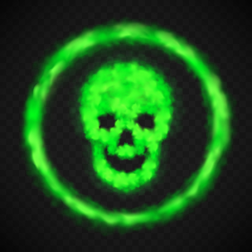 Green smoke skull sign in circle. Vector warning danger symbol in shape of human skeleton face from chemical toxic steam or stench gases isolated on transparent background