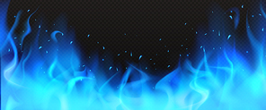 realistic blue fire border, burning flame with sparkles isolated on dark black background. bonfire blaze glowing effect, shining magic flare  design element 3d vector illustration, clip art