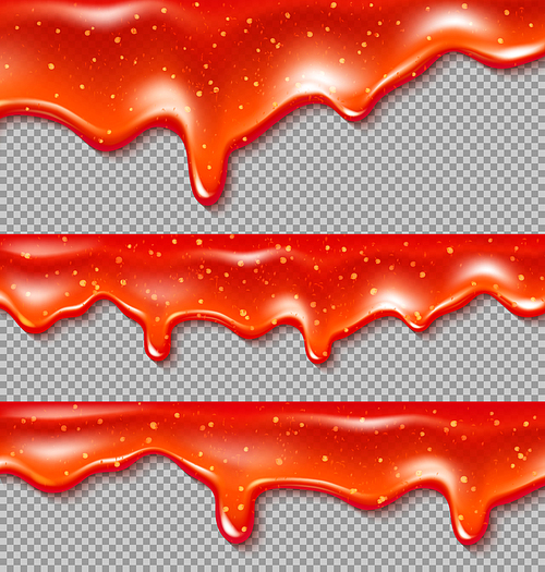 Dripping chili sauce drops, liquid ketchup red splashes with particles. Glossy drip seamless border with chilli sauce droplets, flow texture isolated on transparent background, Realistic 3d vector set