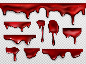 Dripping blood, red paint or ketchup. Scary decoration for Halloween or horror design. Vector realistic set of shiny drops and flow liquid gore, syrup dribble isolated on transparent background