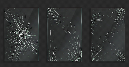 broken glass with cracks and hole from impact or bullet. vector realistic set of rectangle clear acrylic or plexiglass s with crashed texture, white scratches and breaks