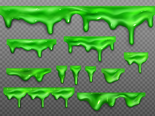 Dripping slime, green goo Halloween ooze, mucus snot. Falling syrup drops dribble down, sticky radioactive toxic liquid seamless border isolated on transparent background, Realistic 3d vector set