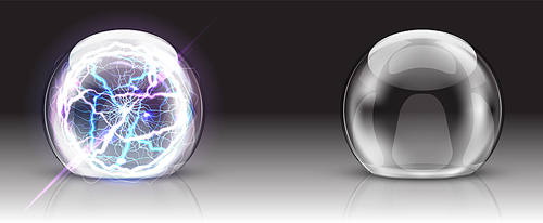 Glass dome, electric ball or sphere realistic vector. Glass round dome, empty crystal globe, transparent container or presentation case with lightning, reflection, illustration isolated on 