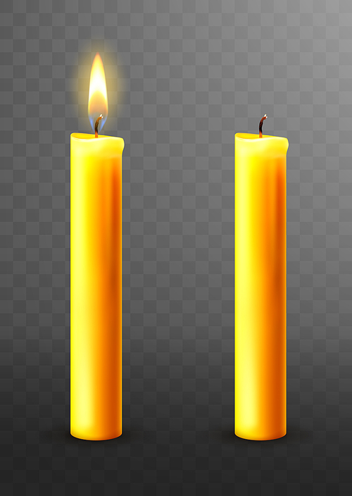 Burning candle, realistic vector illustration. Yellow candles with golden flame lit and extinguished isolated on transparent. Church Christmas collection