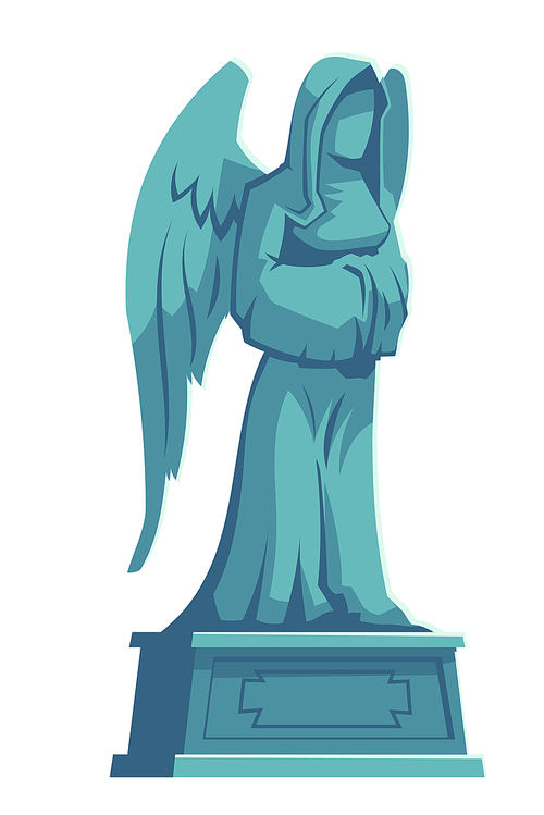 Angel stone figure, cemetery marble tombstone memorial, catholic graveyard, ossuary or crypt rip symbol, gothic statue, halloween illustration isolated white background, cartoon vector icon, clip art