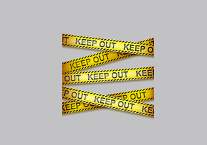 Caution tape with black and yellow lines and text keep out. Vector background with crossing warning ribbons, security barrier for restrict pass to construction area, forbidden zone