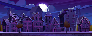 Medieval german street with half-timbered houses at night. Traditional european buildings in old town in moonlight. Vector cartoon landscape with fachwerk cottages, moon and stars on dark sky