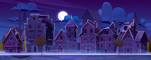 Medieval german street with half-timbered houses at night. Traditional european buildings in old town in moonlight. Vector cartoon landscape with fachwerk cottages, moon and stars on dark sky