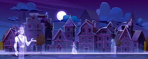 Abandoned city with ghosts walking in darkness along antique dilapidated medieval buildings under full moon glow in sky. Scary halloween scene with creepy dead characters, Cartoon vector illustration