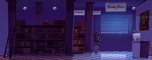 Night bookstore interior, empty book shop room with fantasy or biography literature shelves, ladder, counter desk and placard hanging in darkness front of shuttered window, Cartoon vector illustration