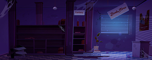 Abandoned bookstore interior at night. Dilapidated book shop or library room with spider web on empty shelves, broken walls, floor with holes and torn placard in darkness, Cartoon vector illustration