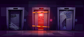 Broken elevators, abandoned lifts with damaged doors covered with spider web, graffiti and wrapped with caution tape. Creepy ghetto building hall interior, halloween scene, Cartoon vector Illustration