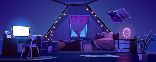 Girl bedroom on attic at night. Vector cartoon mansard teenager room interior with unmade bed, desk with glowing computer screen, mirror on nightstand, plants and light bulbs under roof