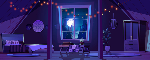Bedroom interior in boho style on attic at night. Vector cartoon mansard sleeping room with wooden furniture and roof, bed, wardrobe and landscape with mountains, trees and moon behind window