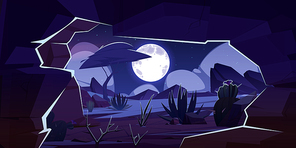 View from cave in rock to desert landscape at night. Vector cartoon illustration of sand desert with stone cavern entrance, cactuses, trees, mountains and moon in sky