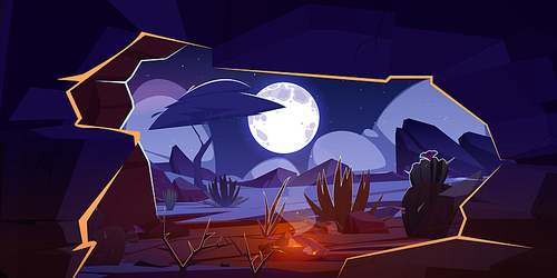 Cave with bonfire and night desert landscape. Hole in rock with view of cacti and tree silhouettes under full moon in starry sky. Hidden cavern, african or mexican nature, Cartoon vector illustration