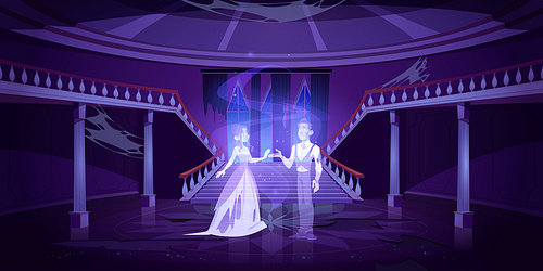 Old castle hall with ghosts couple dance in darkness. Scary night room with marble stairs and spiderweb. Abandoned palace interior, halloween spooky scene with dead people. Cartoon vector illustration
