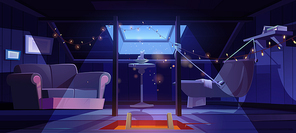Cozy room on attic with hammock and sofa at night. Vector cartoon interior of mansard for relax and recreation, garret lounge with book shelf, garland and candles in moonlight from window in roof