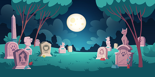 Pet cemetery with memorial tombstones, graves for dead dogs and cats. Vector cartoon night landscape with graveyard for burial animals after death. Spooky illustration for Halloween card