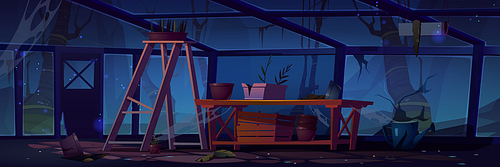 Abandoned greenhouse at night, dilapidated scary interior with broken furniture, potted plants. Empty garden, large dark orangery with glass walls and creepy trees around. Cartoon vector illustration