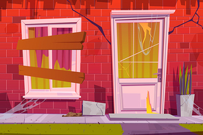 Abandoned house facade front view, old building exterior with cracked red brick walls, window boarded up with planks and spider web on door, neglected ancient cottage, Cartoon vector illustration