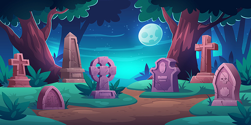 Old cemetery with memorial tombstones, graves for dead people. Vector cartoon night landscape with graveyard, green grass, trees and moon in sky. Spooky illustration for Halloween card
