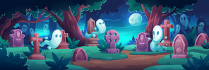 Cemetery with ghosts at night, old graveyard with tombstones in midnight forest with cracked crosses and monuments, grave tombs and spooky spirits Halloween background. Cartoon vector illustration