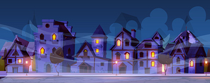 Medieval german night street with half-timbered houses in fog. Traditional european old town buildings with glow windows. Fachwerk cottage cityscape with paving stone road, Cartoon vector illustration