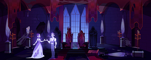 Old castle hall with ghosts couple dance in darkness. Scary throne room with spiderweb. Abandoned palace interior with moonlight falling on floor, halloween spooky scene. Cartoon vector illustration