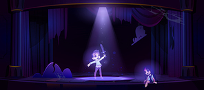 Ghosts of kids on old theater stage at night. Vector cartoon illustration of dead girl and boy spirits in abandoned dark opera theatre with spotlight, broken wooden floor and torn curtains