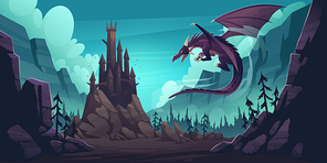 Black spooky castle and flying dragon in canyon with mountains and forest. Vector cartoon fantasy illustration with medieval palace with towers, creepy beast with wings, rocks and pine trees