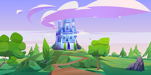 Cartoon castle, magic fairy tale palace with turrets. Fantasy fortress stand on mountain top with rocky road lead to gates and lilac clouds in sky, medieval architecture, dream, vector illustration