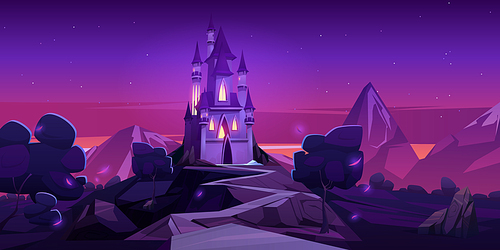 Fairy tale castle in mountains at night. Vector cartoon landscape of fairytale kingdom with rocks, trees and royal palace with towers and glowing windows. Fantasy medieval castle