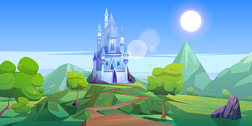 Fairy tale castle in mountains. Vector cartoon landscape of fairytale kingdom with rocks, trees, road and blue royal palace with towers and windows. Fantasy medieval castle