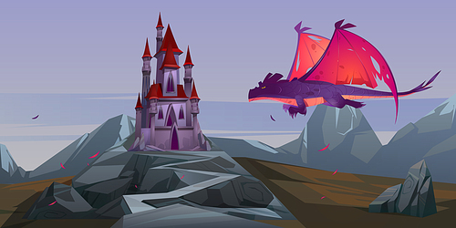 Fairy tale castle and flying dragon with red wings in wasteland mountain valley. Vector cartoon fantasy illustration with medieval palace with towers, mythical creepy beast and rocks