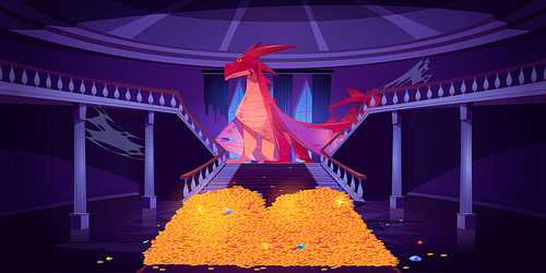 Dragon sitting on gold pile in castle, fantasy character guard treasures in palace. Magic creature of medieval fairytale, flying animal, book or computer game personage, Cartoon vector illustration