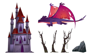 Dragon, castle, trees and rock cartoon set isolated on white background. Fantasy character, magic palace and natural objects. Fairytale images for book or computer game, vector illustration, clip art
