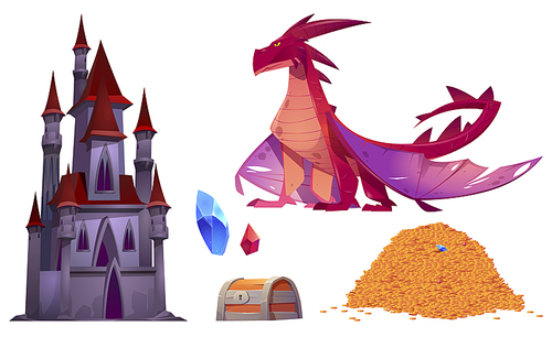Medieval castle, dragon, pile of gold coins and treasure chest isolated on white . Vector cartoon set of fairytale palace, magic red beast with wings, gemstones and golden money heap