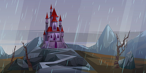 Castle on rock at rainy weather, creepy old or haunted medieval palace in mountains, building with pointed tower roofs under gloomy sky. Fantasy architecture, fortress, Cartoon vector illustration